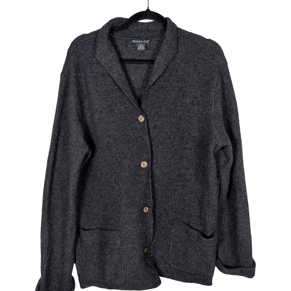 Eagles Eye 100% Wool Cardigan Sweater Womens XL Charcoal Gray Collar Button Up